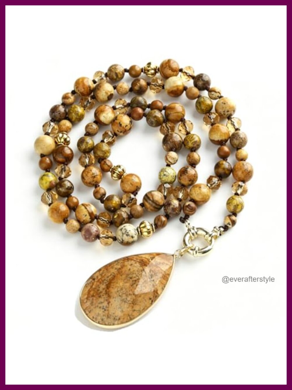 Boho Long Beaded Necklace Women Detachable Pendant Picture Jasper Gold Plated